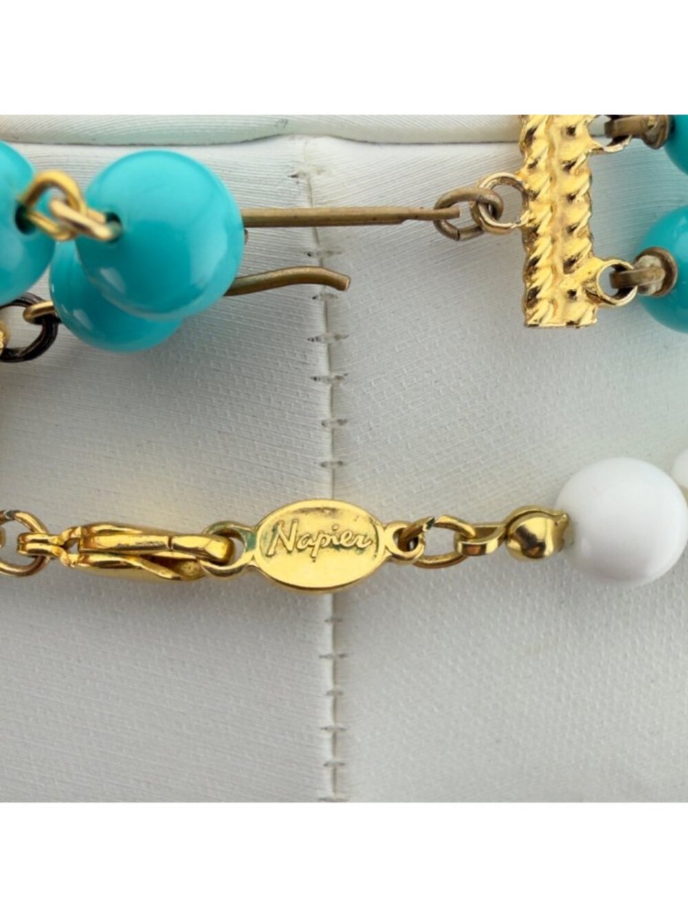 Vintage Set of 2 Beaded Necklaces White Napier Aqua Blue Multi Strand 16 inches - Picture 6 of 13